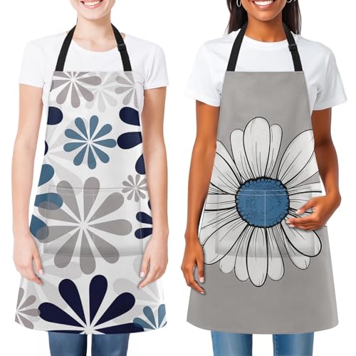 2 PC Aprons Stripe Durable Adjustable Bib with Pockets Apron for Women Men Lovers Chef Home Kitchen Cooking Garden - color: Navy Teal