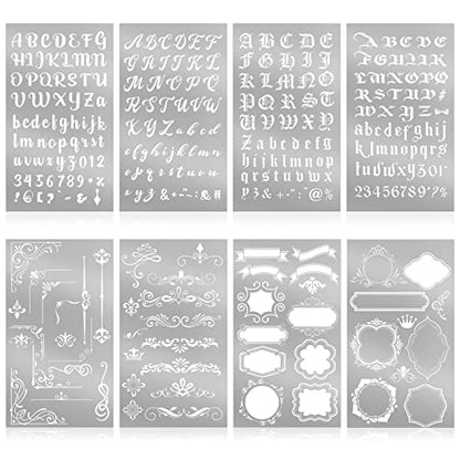 Lewtemi 8 Pcs Metal Stencils Alphabet Frames for Journal,Stylish Style | Stainless Steel Reusable Templates with Numbers Borders, For Scrapbooking Painting Wood Engraving Carving DIY Crafts - style: Stylish Style