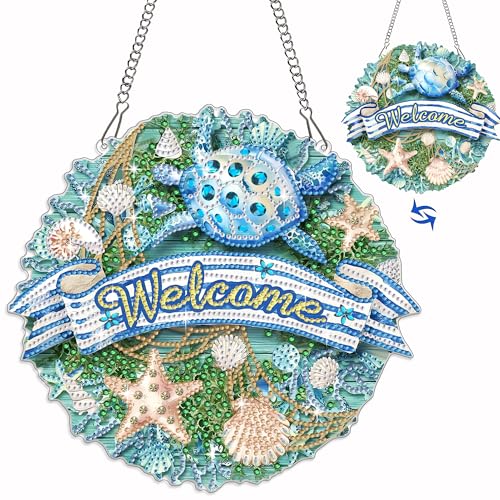 Welcome Sign Diamond Art Kits for Adults 5D Diamond Hanging Ornament Kits for Front Door DIY Special Shaped Crystal Art Suncatcher Porch Crystal Hanging Pendant Ornament (Welcome02) - color: Welcome02