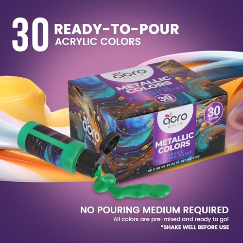 Acrylic Pouring Paint Set | 30 Vibrant Colors Including An Array Of Metallic, Neon & Pastel Paints | Pre Mixed, Ready to Use, High Flow Paint For Canvas, Paper, and More | 2 Ounces Per bottle - style: Metallic - 30 Colors