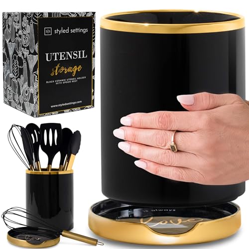 STYLED SETTINGS Black and Gold Utensil Holder with Built-in Spoon Rest | 2-Piece Black and Gold Spatula Holder, Kitchen Accessory, Utensils Not Included - color: Black & Gold