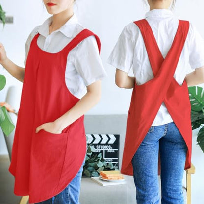 NEWGEM Japanese Cotton Linen Cross Back Cooking Apron for Women Men with Pockets Cute for Baking Kitchen - color: 12 - Women's Bright Red