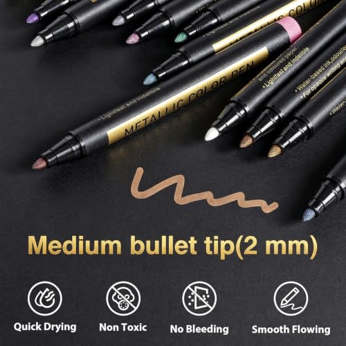JR.WHITE Metallic Paint Markers, 10 Colors for Scrapbook, Black Paper, Photo Album, Rock Painting, Glass, Wood, Scrapbook Supplies, Card Making Kit, DIY Arts & Crafts