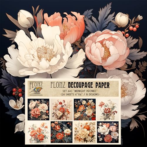 Decoupage Paper Pack (24 Sheets 6"x6") Midnight Peonies: Dramatic Floral Compositions Featuring Lush Peonies and Berry Accents Against Deeply Rich Dark Backgrounds. # FLONZ Vintage Craft - color: Fiftythree