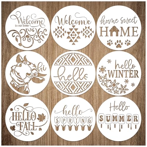 9 Pcs Welcome Stencils for Painting on Wood Reusable Round Home Sweet Home Stencil Large Hello Fall Templates for Door Hanger Canvas DIY Crafts (9 Welcome)