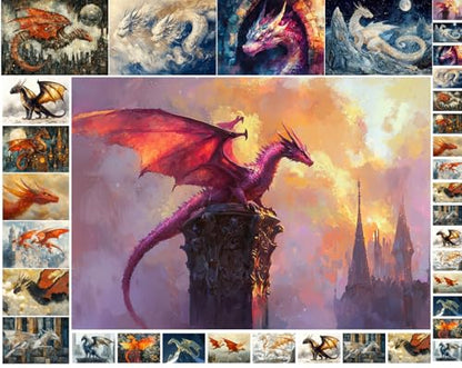 Decoupage Paper Pack (35 Sheets 6"x8") Regal Fantasy Dragons ~ Powerful Dragons in Fiery Reds, ICY Whites, and Twilight Tones, Captured mid-Flight in Epic Fantasy Illustration Painterly Richness - color: Four