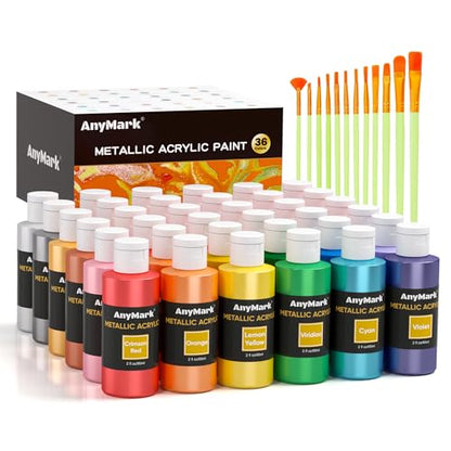 AnyMark Metallic Acrylic Paint, 36 Colors Acrylic Paint Set with 12 Brushes - color: Metallic