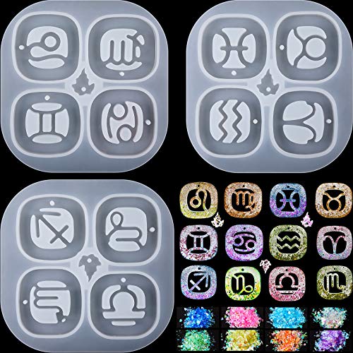 3 Pieces Zodiac Signs Keychain Resin Molds Silicone with Hole Constellation Sign Pendant Silicone Epoxy UV Resin Mold for DIY Keychain Pendant Jewelry Making, 8 Colors Holographic Glitter Sequins