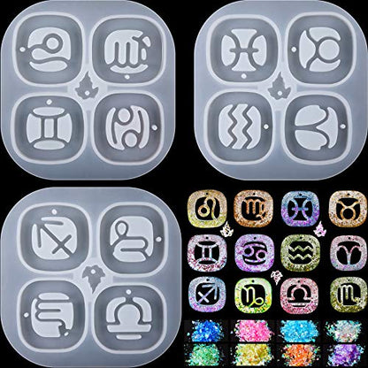 3 Pieces Zodiac Signs Keychain Resin Molds Silicone with Hole Constellation Sign Pendant Silicone Epoxy UV Resin Mold for DIY Keychain Pendant Jewelry Making, 8 Colors Holographic Glitter Sequins