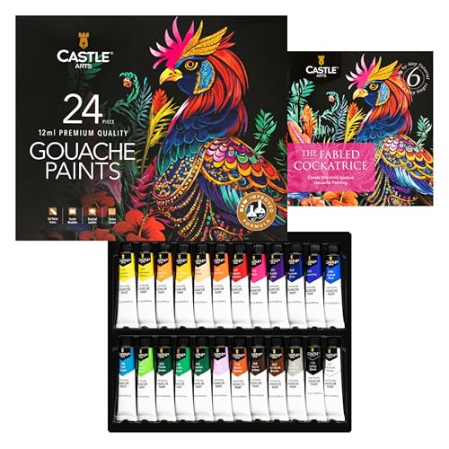 Castle Art Supplies 24 Piece Gouache Paint Set for Adults - New Formula | Richer, brilliant opaque color in 24 X 12ml tubes - versatile and easy to use for adult artists, presentation box