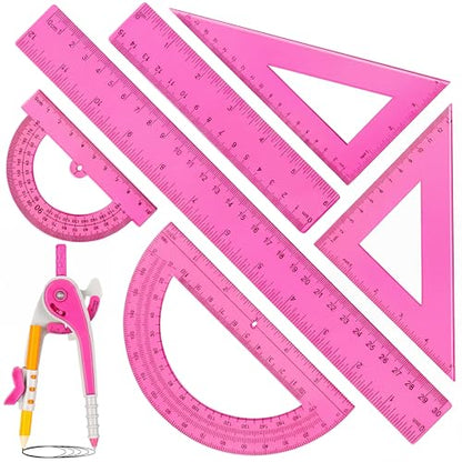 Zonon 1 Set Plastic Geometry Math Set 7 Pcs Includes 6'' / 4 '' Protractor, Drawing Compass, 45/60 Degree Triangle Rulers, 12'' / 6'' Math Ruler Transparent for Office Supplies(Pink) - color: Pink