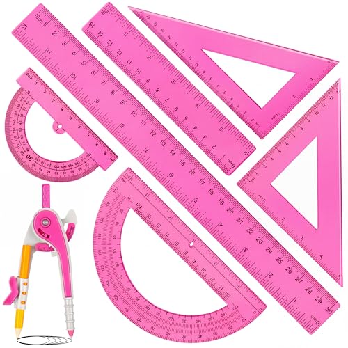Zonon 1 Set Plastic Geometry Math Set 7 Pcs Includes 6'' / 4 '' Protractor, Drawing Compass, 45/60 Degree Triangle Rulers, 12'' / 6'' Math Ruler Transparent for Office Supplies(Pink) - color: Pink
