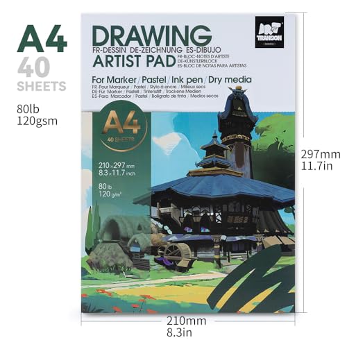 TRANSON A4 Sketchbook Marker Pad, 80lb/120gsm Heavyweight Art Paper, No Bleed Through, 40 Sheets/80 Pages 8.3"x11.7" for Drawing & Sketching - size: A4 120gsm