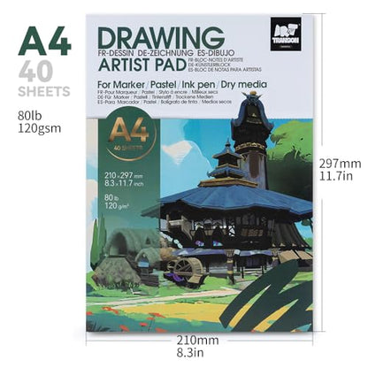 TRANSON A4 Sketchbook Marker Pad, 80lb/120gsm Heavyweight Art Paper, No Bleed Through, 40 Sheets/80 Pages 8.3"x11.7" for Drawing & Sketching - size: A4 120gsm