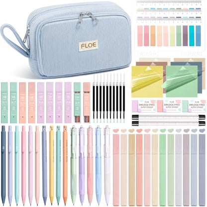 62PCS Aesthetic School Supplies Cute Back to School Supplies Stationary Set | College Preppy Essentials Kit with Large Pencil Pouch Case, Pastel Highlighters Gel Pens Mechanical Pencils for Student Girls - color: Blue