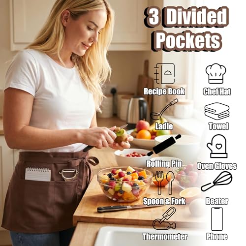 TOSHE Waist Apron 3 Pockets Waterdrop Resistant Cotton Server,Chef,Waitress - color: Brown