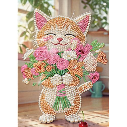 Stalente Pearl Diamond Painting Kits for Adults Cat and Flower, 5D Special Shape Diamond Art Kits for Beginners, Crystal Rhinestones Diamond Painting for Home Wall Decoration Gift 12×16inch, Animal