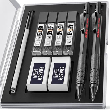 Nicpro 2 PCS Mechanical Pencil 0.5mm & 0.7 mm with Case | MP1000 Metal Artist Pencil Set with 4 Tubes HB Lead Refills, 2 Erasers, 9 Eraser Refills For Writing Drafting, Sketch, Black - color: Black