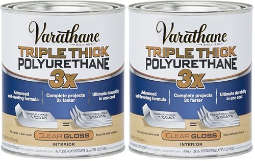 Varathane Triple Thick Polyurethane Clear Wood Finish | Self-Leveling Formula | Scratch and Stain Resistance | Durability in One Coat | Gloss | Quart (Pack of 2) - size: Quart (Pack of 2), style: Gloss