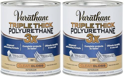 Varathane Triple Thick Polyurethane Clear Wood Finish | Self-Leveling Formula | Scratch and Stain Resistance | Durability in One Coat | Gloss | Quart (Pack of 2) - size: Quart (Pack of 2), style: Gloss