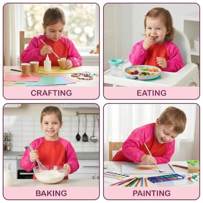Kids Art Smocks,Colorful Toddler Painting Apron Waterproof Artist Smock with Long Sleeve and 3 Pockets for Kids 3-7 - color: Red