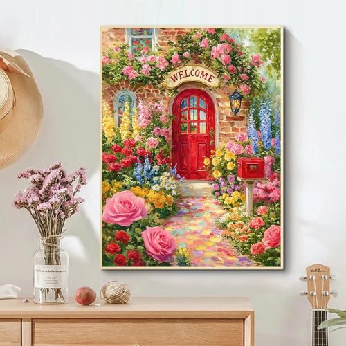 Welcome Spring Flower Diamond Art Kits for Adults, Diamond Painting Kits for Adults for Beginners, DIY Diamond Dots Art Kits, 5D Full Round Drill Gem Art Painting Kits for Home Wall Decor, 12x16in - color: Welcome Spring Flower