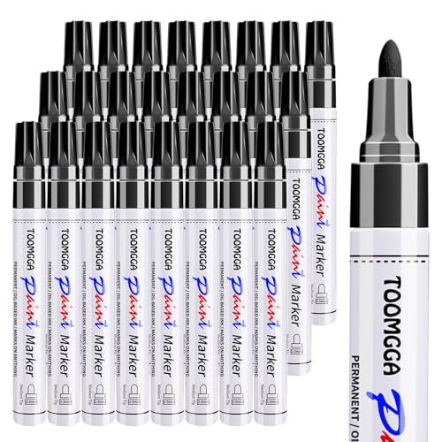 TOOMGGA 24 Black Paint Pens Permanent Paint Markers, Oil Based Medium Tip | Marking Pens, Quick Drying, Waterproof, Fade-resistant, for Rock Painting, Car Tyre, Metal, Plastic, Canvas, Wood, Glass - color: Black
