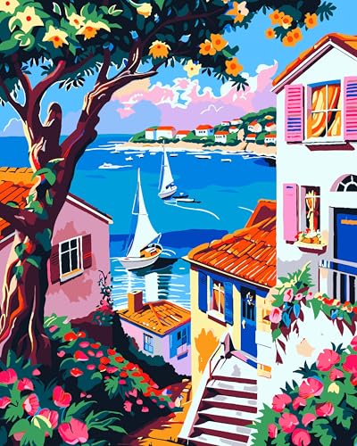 ZTOTZ Paint by Numbers kit for Adults Village, Paint by Number Canvas with Pink Flower, Italy Paint by Color for Adults for Christams Home Decor (16x20inch) - color: B-001-seaside village