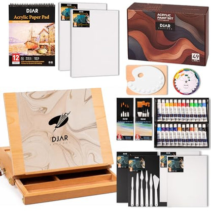 DJAR 49 Pcs Acrylic Paint Set with Tabletop Easel Box, 24 Colors - style: Tabletop Easel Set