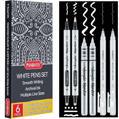 PANDAFLY White Gel Pens Set, Dual-Tip Acrylic Paint Pen, 6 Pack | Brush Tip Acrylic Markers, Winte Ink Pens for Black Paper Drawing, Sketching, Illustration & Card Making, Bullet Journaling
