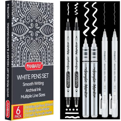 PANDAFLY White Gel Pens Set, Dual-Tip Acrylic Paint Pen, 6 Pack | Brush Tip Acrylic Markers, Winte Ink Pens for Black Paper Drawing, Sketching, Illustration & Card Making, Bullet Journaling