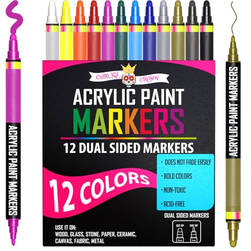 CHALKY CROWN Dual Tip Acrylic Paint Markers - Assorted - 12 Pack | Dual Fine & Dot Tip Markers for Rock Painting, Fabric & Glass - Water-Based Permanent Ink - Vibrant Assorted Colors - style: 6mm - 12 Pack