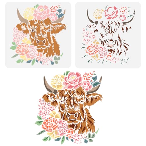 FINGERINSPIRE 2pcs Layered Floral Cow Painting Stencil 11.8x11.8 inch Reusable Peony Flower Bundle Cow Drawing Template Farm Animal Stencil for Painting on Wood Wall Fabric Paper Furniture - color: Layered Floral Cow