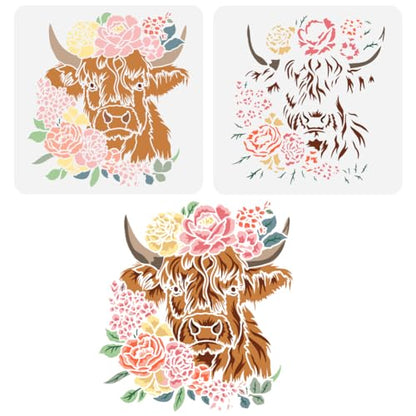FINGERINSPIRE 2pcs Layered Floral Cow Painting Stencil 11.8x11.8 inch Reusable Peony Flower Bundle Cow Drawing Template Farm Animal Stencil for Painting on Wood Wall Fabric Paper Furniture - color: Layered Floral Cow
