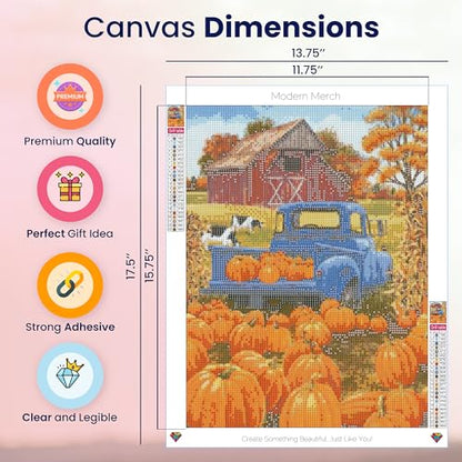 Modern Merch Truck Diamond Art Kits for Adults Fall Pumpkin Patch, Autumn Landscape Farm 5D Diamond Painting for Adults Dog and Truck, DIY Fall Wall Art Cross Stitch Gem Art, Full Round Drill 12x16in - color: Pumpkin Patch