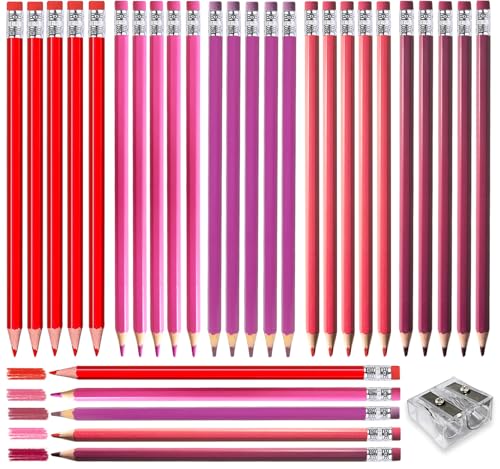 Adhere 25pcs Checking Pencils Erasable colored Pencils Pre-Sharpened #2 HB,for Checking Tests Grading,Map Coloring, editing Office Favors,including a Free sharpener. (Mixed Pink+Red) - color: Mixed Pink+Red