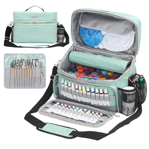 Art Supplies Organizer Storage Bag with Detachable Paint Brush Holder & Partition - Carrying Case for Home/Travel/Outdoor Fits Marks, Acrylic Paint, Palettes, Folding Buckets, Portfolios (Pro Green) - color: Pro Green