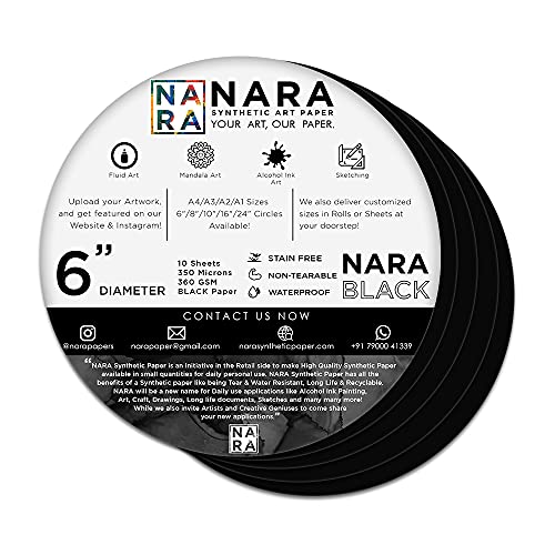 NARA Alcohol Ink Paper | Black | 6” Diameter Circle | 350 microns/360 GSM | 10 Sheets | Medium+ Paper | Paper for Alcohol Ink Art Painting | 100% Stain-Free - color: Black_Circle_Paper Sheets_04