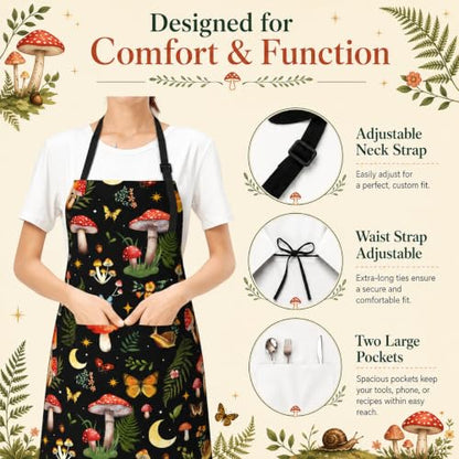 Mushrooms Apron with 2 Pockets Adjustable Stain Resistant Kitchen Cooking Apron for Baking BBQ Grilling Grilling Painting Gardening - color: Mushrooms