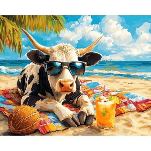 Paint by Numbers Kit for Adults, Funny Beach Cow Number Painting Canvas Kit - color: LBOPNFP9