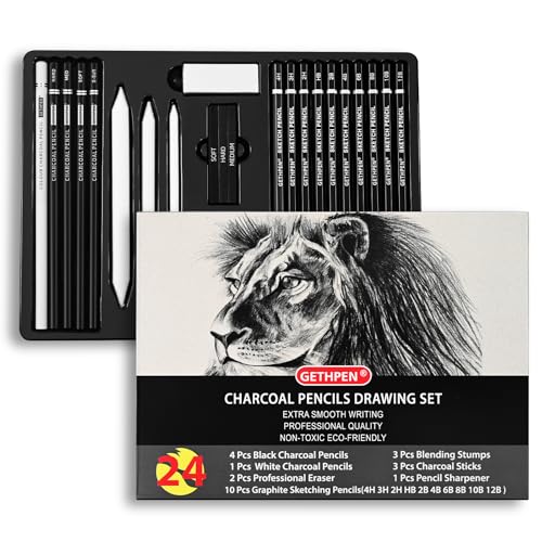 GETHPEN Drawing Sketching Pencil Set, Graphite Pencils (12B-4H), 24Pcs | Art Pencil Kit, Black and White Charcoal Pencils, Stumps, Eraser, Sharpeners, Sketching, Shading, Sketch Set for Artists