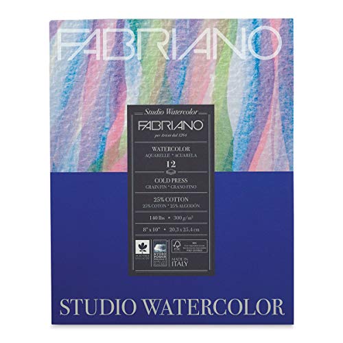 Fabriano 91230020 Tape Binding Acid-Free Cold Press Studio Watercolor Pad, 12 Sheets, 140 Pound, 8"x10"