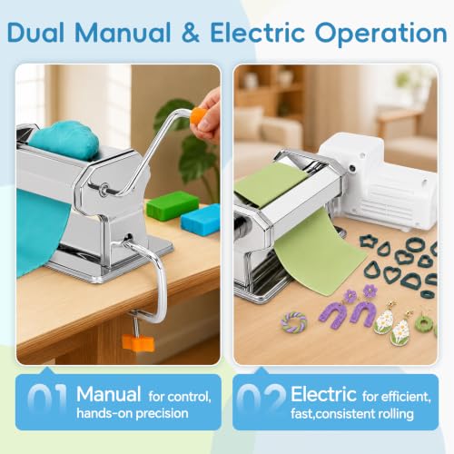 nuyooioo Electric Polymer Clay Press Machine,Clay Roller Machine,Polymer Clay Cutters Set for Clay Earring Making,Includes Clamp and Hand Crank,Polymer Clay Tools for Clay Earring Making