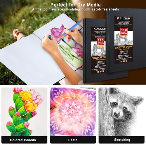 Kalour Hardcover Sketch Book,8.5“x11,Pack of 2, 220 Sheets (68lb/110gsm),Acid Free Art Sketchbook, Artistic Drawing Painting Writing Paper for Kids Adults Beginners Artists