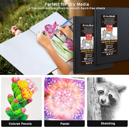 Kalour Hardcover Sketch Book,8.5“x11,Pack of 2, 220 Sheets (68lb/110gsm),Acid Free Art Sketchbook, Artistic Drawing Painting Writing Paper for Kids Adults Beginners Artists