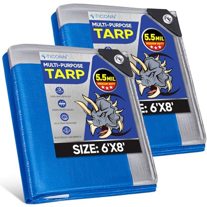 TICONN Heavy Duty Tarp Cover, Extra Thick Tarps Waterproof Tear and Rip Proof UV Resistant Tarpaulin with Reinforced Grommets and Edges (5.5 Mil/2PK, 6'x8') - color: Blue, size: 6'x8', 5.5 Mil, 2PK
