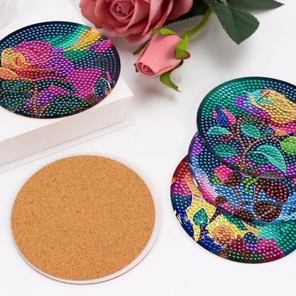 8 Pcs Diamond Painting Coasters with Holder, DIY Oil Peony Rose Flower Diamond Art Coasters for Drinks Diamond Painting Kits for Beginners, Diamond Art Kits Craft Supplies for Adults Kids Coaster Gift - color: Oil Rose Flower