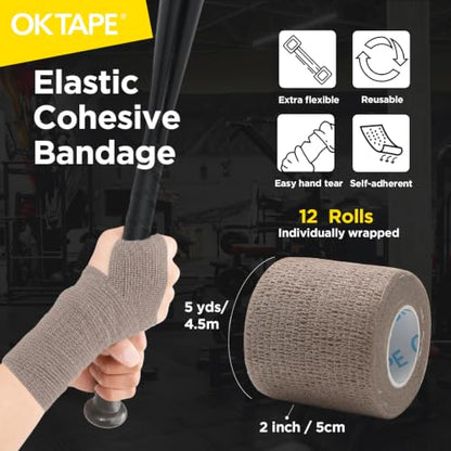 OK TAPE 12 Rolls Self Adhesive Bandage Wrap, Cohesive Elastic Athletic Tape - color: Coffee, size: 2 Inch