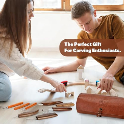 Wood Carving Tools, 15Pcs Wood Carving Kit with PU Storage Bag, Wood Whittling Kit with 6Pcs Whittling Knives & 5 Detail Carving Knives for Adults Wood Carving DIY