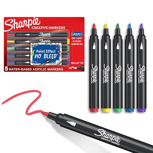 Sharpie Creative Markers, Water-Based Acrylic, Bullet Tip, Assorted Colors, 5 Count – Arts & Crafts, Kids Activity, School Classroom; Works on Paper, Metal, Wood, Ceramic, Glass, Rock, Canvas - size: 5 Count, style: Bullet Tip